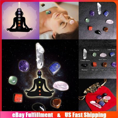 Natural 7 Chakra Healing Crystal Meditation Quartz Tumbled Stone Set W/ Pouch US