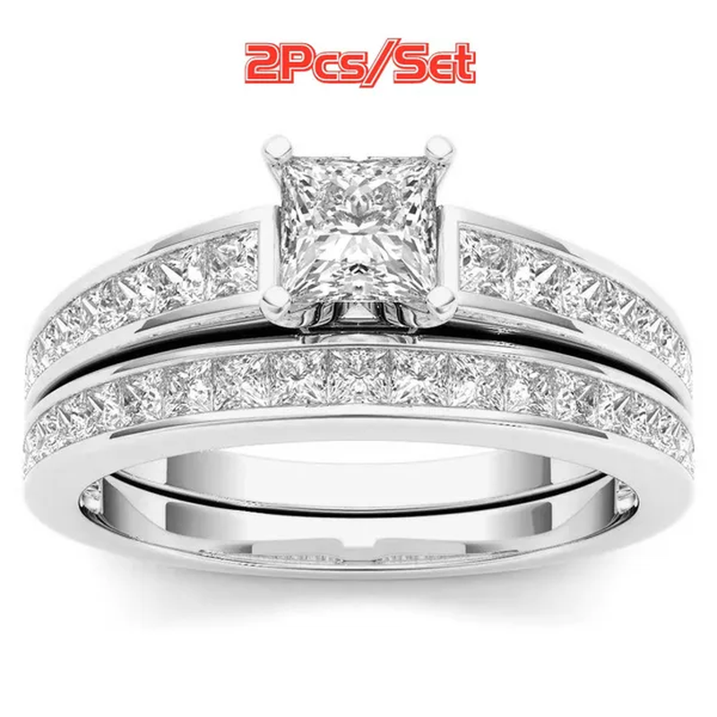 2Pcs / Set Wedding Engagement Ring Set Shiny Women'S Diamond Wedding Ring Anniversary Commitment Christmas Gift Jewelry Size 5-11
