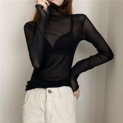 Lady Lace Mesh Shirt Tops T shirts Sheer High Neck Sexy Basic See