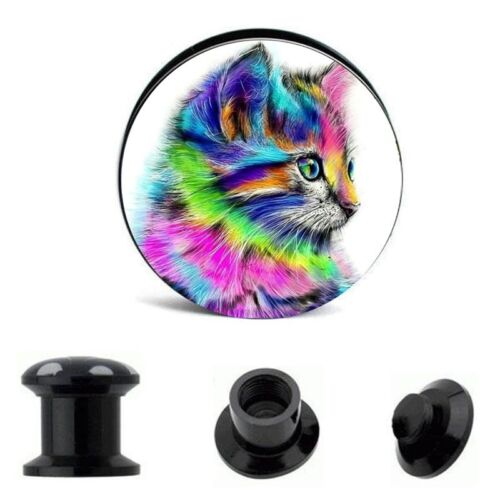Pair Rainbow Cat Ear Gauges Ear Plugs Flesh Tunnel 6g - 5/8"  Acrylic Screw