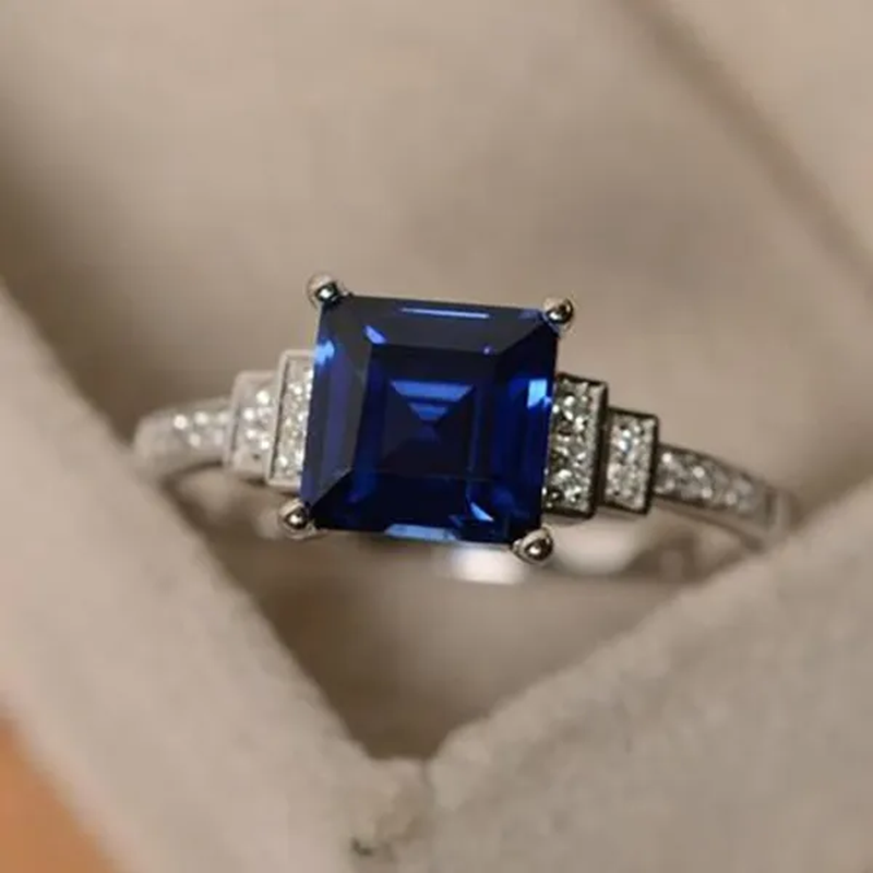 Simple 925 Sterling Silver Ring Princess Sqaure Cut Blue Sapphire Diamond Wedding Engagement Rings for Women Fine Jewelry Gift
