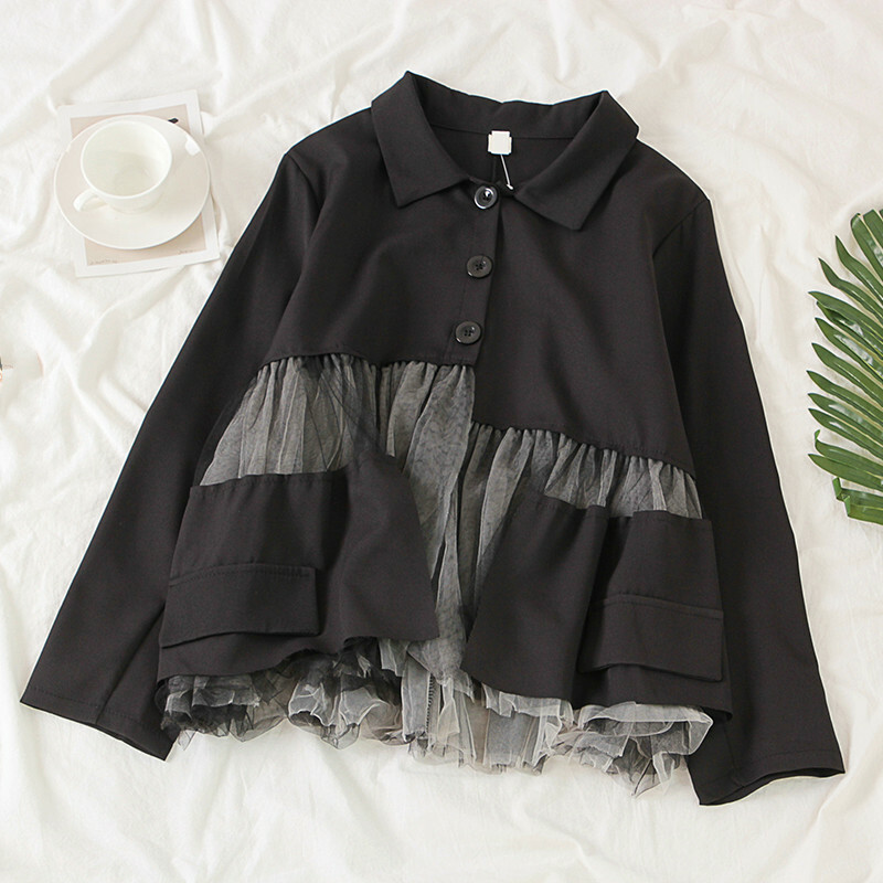 Women Mesh Patchwork Shirt Blouse Long Sleeve Top Gothic Punk Chic Black