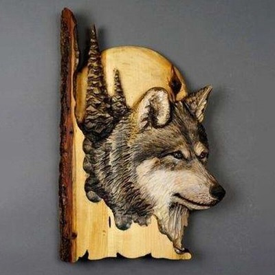 Flat Animal Handcraft Wall Hanging Sculpture Wooden Raccoon Bear Deer Wolf Fox H
