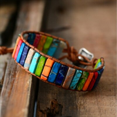 7 Chakra Natural stone Leather Bracelet Bangle Beaded Handmade knot Women Charm