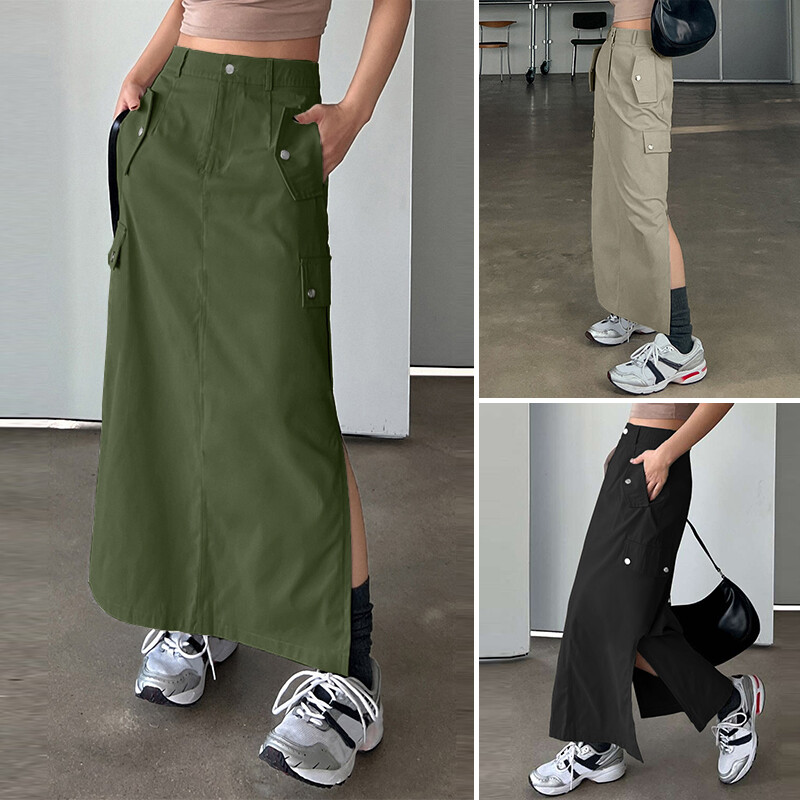 Womens Cargo Maxi Skirt Hiking Side Split Slit A-line Ruched