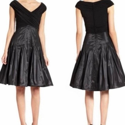 TADASHI SHOJI Women Black Solid Rushed Pleated Dress Sz 12 A-Line Party Cocktail