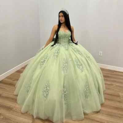 Sage Green Princess Quinceanera Dresses Ball Gown Lace Applique Sweet 16 Dress ﻿