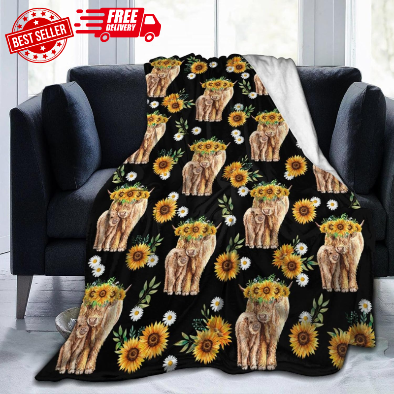 Sunflower Throw Blankets Living Room Highland Cow Decor ...