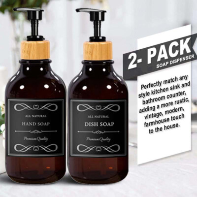 2 Pcs 500ml Shampoo Conditioner Soap Dispenser Bamboo Pump Bottle With 6 Labels