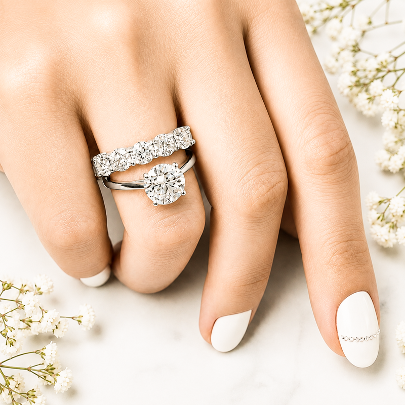 Band Set Diamond Engagement Ring Round Cut 7.00 Ct 14K White Gold IGI Lab Grown