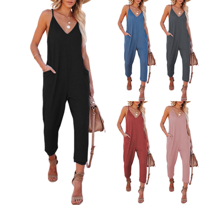 V Neck Sleeveless Denim Jumpsuits