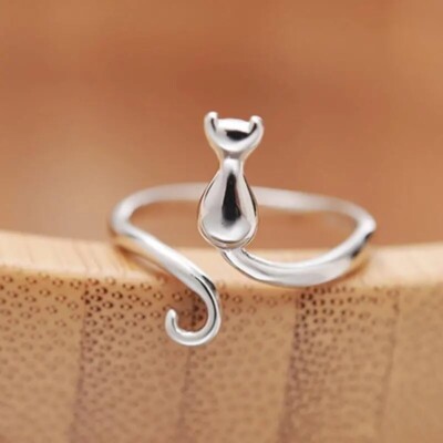 Creative Open Adjustable Silver Kitten Design Ring Holiday Party Jewelry Gift