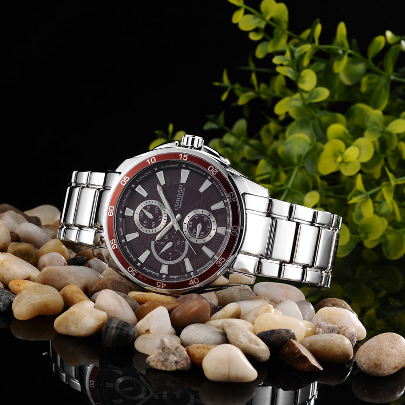 Orologio Polso Curren 8076 Uomo Analogico Quarzo Moderno Silver Quad Rosso lac