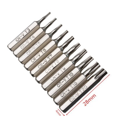 10-tlg. T3-T20 4mm Metall Torx Kopf Schraubendrehereinsatz 28mm Länge Zubehör