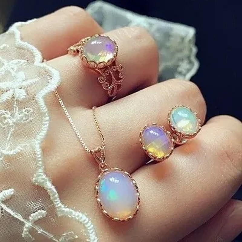 3 Pieces / Set of Natural Opal Jewelry Set Crystal Gemstone Pendant Necklace Earrings Ring Set High Jewelry