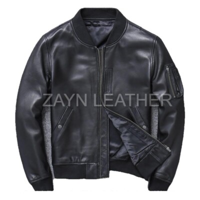 Men's Real Leather Black Bomber Jacket Soft Lambskin Leather Varsity styl Jacket