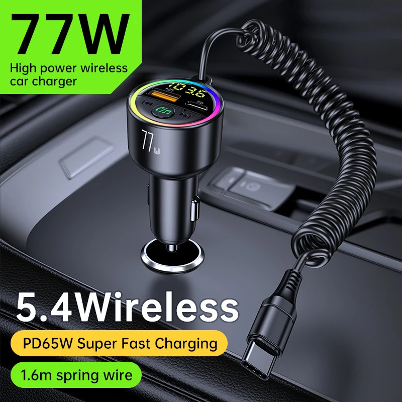 USB C 77W Car Charger Super Fast Charging Bluetooth 5.4 Car Adapter FM Transmi
