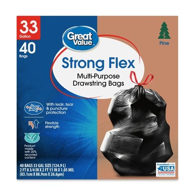 Great Value 33-Gallon Drawstring Strong Flex Multi-Purpose Trash Bags 40 Bags