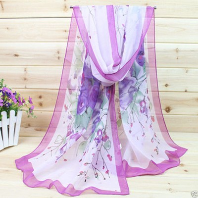 Fashion Women39s Purple Flower Floral Long Soft Chiffon Stole Wrap Shawl Scarf 