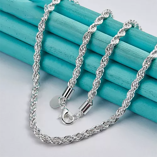 925 Sterling Silver 4mm Twisted Rope Chain Necklace Women Men Fashion Jewelry