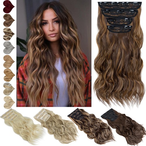 100% THICK Real As Human Hair Extensions 4Pieces Clip In Wavy Curly Highlight US