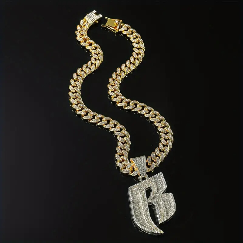 Ruff Ryder R Initial Large Pendant & Iced Cubic Zirconia Chain Hip Hop Necklace