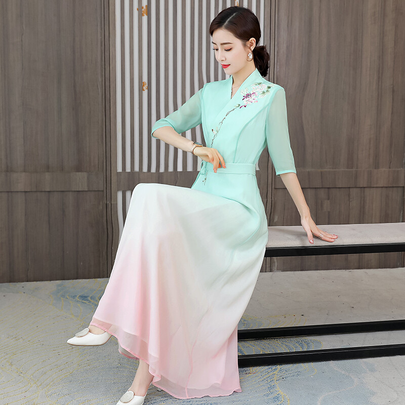 Robe Cheongsam Chinoise Élégante Pour Femme En Mousseline Florale, Tenue Hanfu
