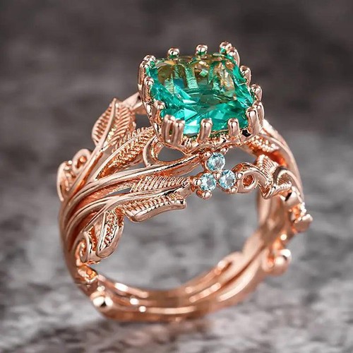 Rose Gold Green CZ Geometric Cocktail Engagement Ring for Women