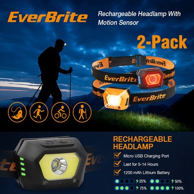EverBrite 2 Packs Headlamps Rechargeable Small Led Head Lamps with Motion Sensor
