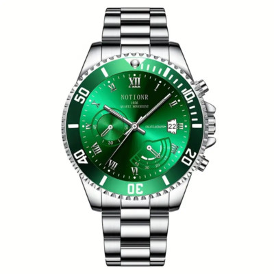Men Fashion Green Stainless Steel Chronograph Watch Electronic Quartz Movement