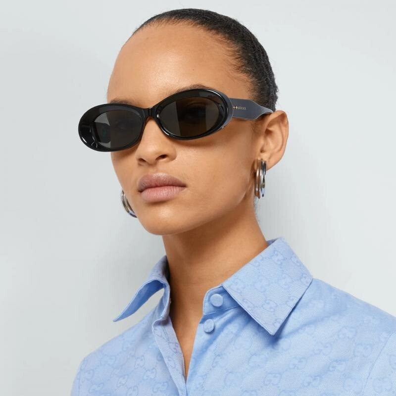 Pre-owned Gucci Gg1527s 001 Black Grey Unisex Oval Sunglasses Gg 1527s In Gray