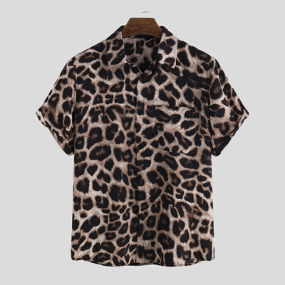 US STOCK Mens Short Sleeve Leopard Printed Shirt Holiday Aloha Party Shirts Tops