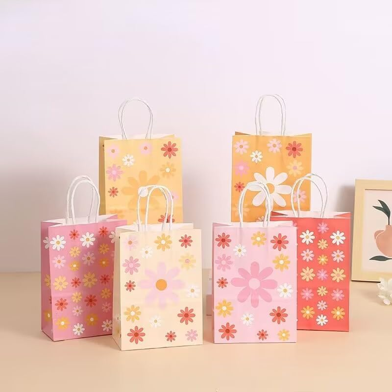 18PCS Kraft Paper Party Gift Bags, 6 Flowers Patterns Goodies Loot Bags Paper Gi