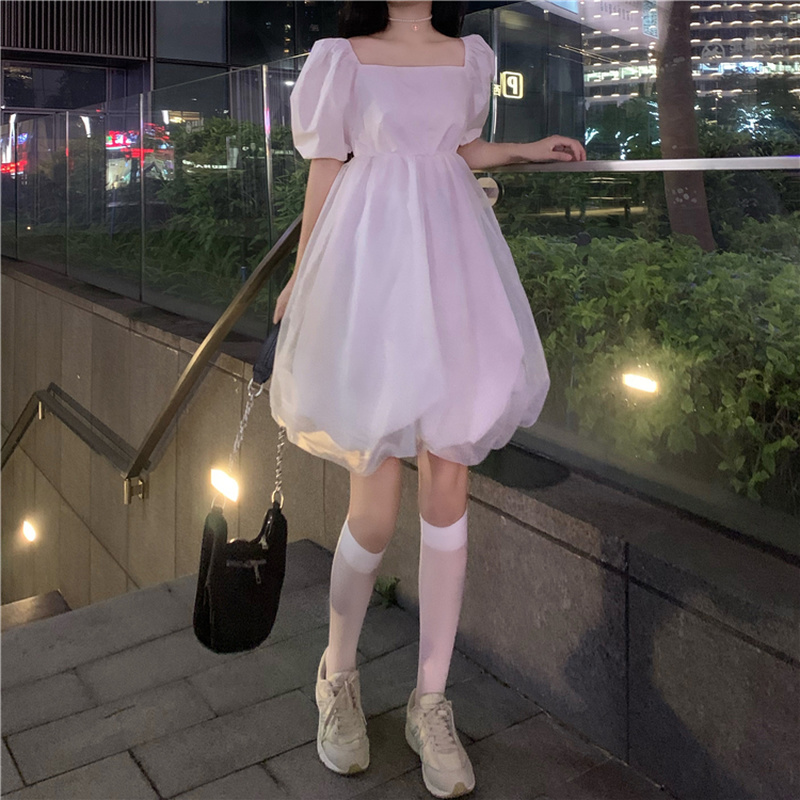 Damen Minikleid Kurz Puffärmel Lolita Tutu Süß Organza Freizeit Schwarz Neu