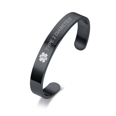 Men Black Medical Alert ID ICE Bangle Bracelet Cuff First Aid DIY Name Engraving