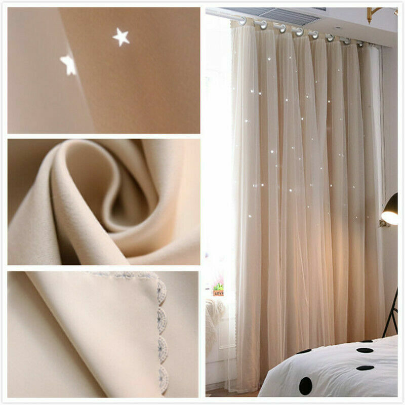 1PC Tende Blackout A Doppio Strato In Pizzo A Stelle Vuote Tulle Con Anelli