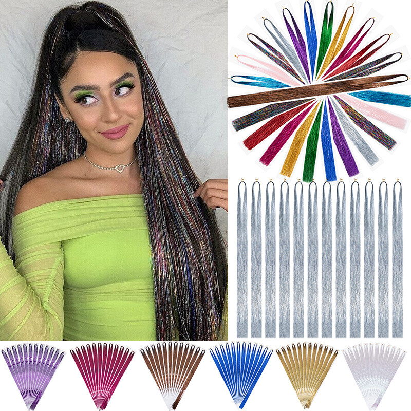 S 2400 Strands Hair Tinsel Kits Glitter Hair Extensions W/ Tool 47 Inch