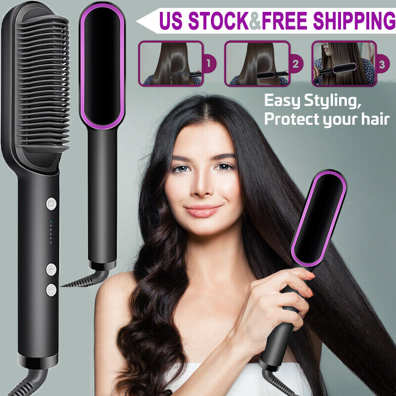 Black Ionic Hair Straightening Brush Styling Straightener fo