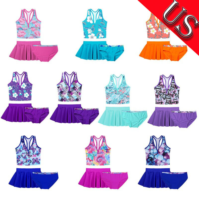 US Kid Bathing Suit Girls Swimming Suit Tankini Top Bottoms Skirt Beach Swimsuit