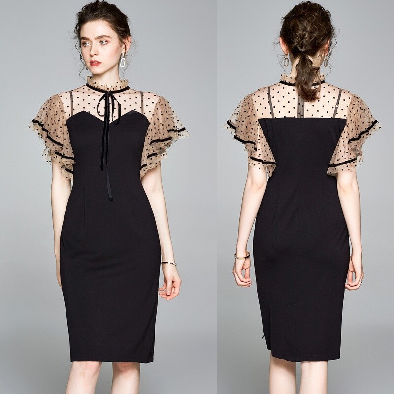 Robe À Pois Pour Femmes À Volants À Manches Courtes Bodycon Crayon Cocktail