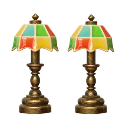 2pcs 1/12 Dollhouse Miniature Table Lamp Bedside Night Light Vintage Lampshade