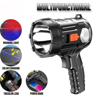 Bright Solar/USB Rechargeable LED Spotlight handheld Flashlight Searchlight IPX4