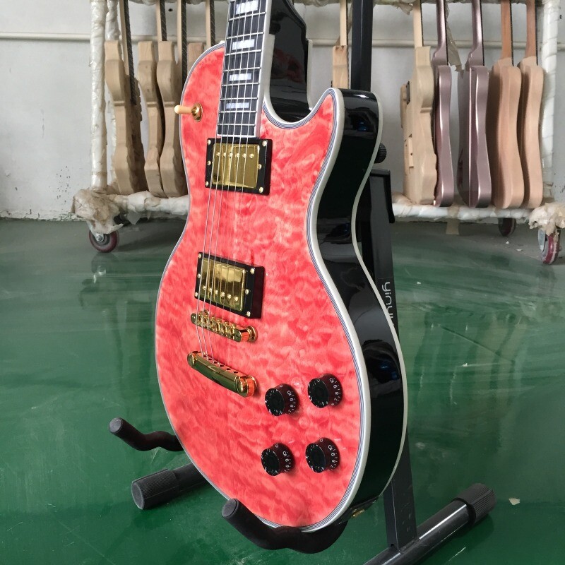 Pink Electric Guitar Custom Maple Top Ebony Fingerboard Quilted Gold Hardware