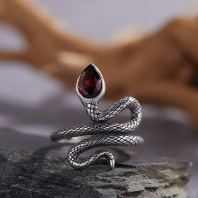 LX Ring Winding Snake Pot From Red Garnet Silver 925 Adjustable
