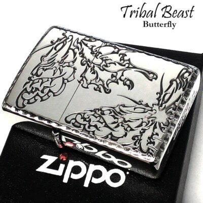 Zippo Oil Lighter Tribal Beast Butterfly Silver Router Regular Case Japan