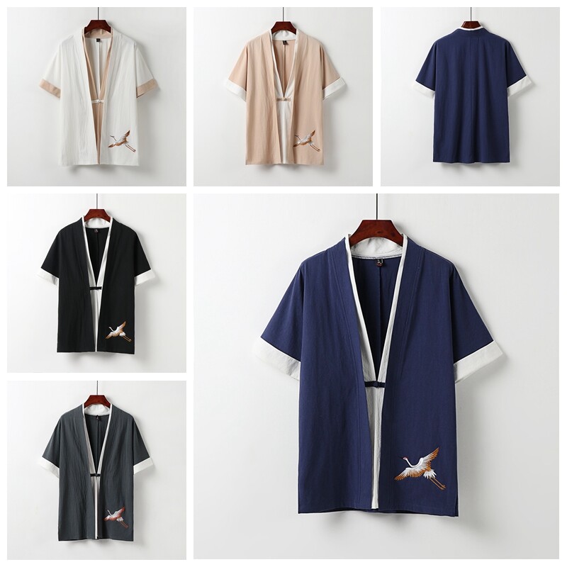 Men Kimon Jacket Cotton LinenLoose Embroidery Cardigan Shirt Top Retro M-9XL