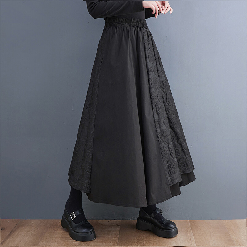 ladies-asymmetry-skirt-aline-big-swing-pocket-elastic-high-waist-casual-black
