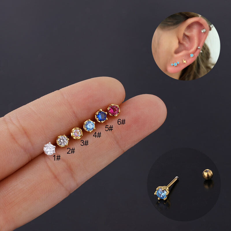 Colored Zircon Cartilage Earring Conch Tragus Stud Helix Cartilage Piercing Stud