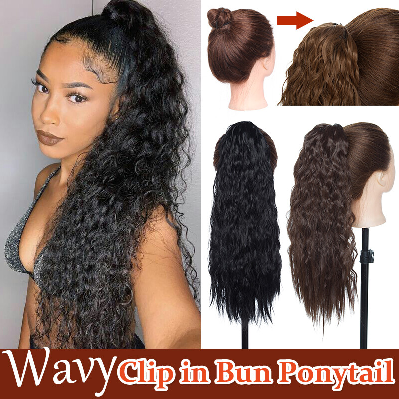 No Stress 100 Natural Clip In Bun Updo Long Ponytail Wavy Curly