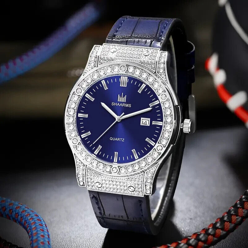 Men Iced Hip Hop Silver Plated Blue Leather Band Simulated Diamond Urban Watch